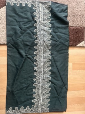 Jamawar Schal - 100% reine Wolle - grün & silber Paisley Bordüre - Made in India