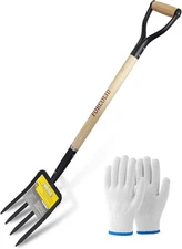 Garden Fork 4-Tine Spading Digging Pitch Fork-45Inch Forged Steel Y-Grip Wood