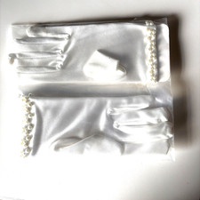 Girl's Satin Gloves with Faux Pearl Beads Accent Trim Around the Wrist