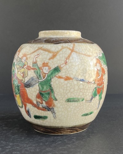 Chinese Chinoiserie Famille Verte Crackle Ginger Jar w/ Warriors Hand Made VTG - Picture 2 of 21