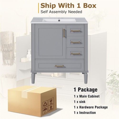 30" Bathroom Vanity Set Floor Standing Bathroom Storage Cabinet w/Three Drawers - Picture 4 of 20