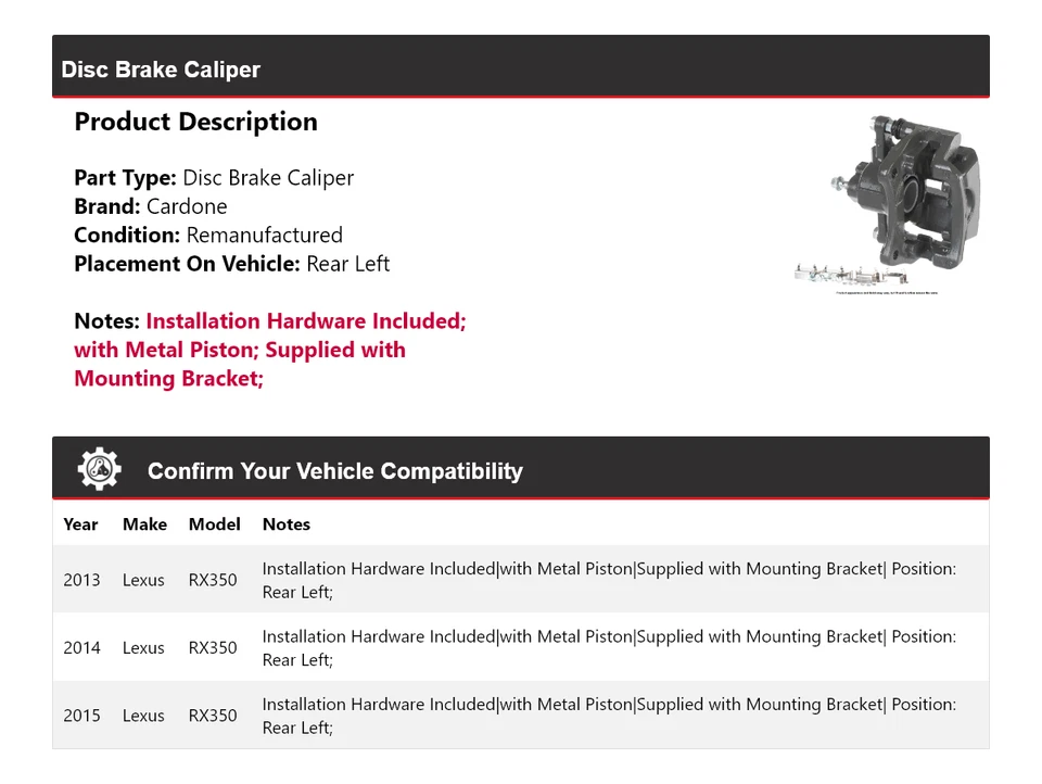 Pinza de freno de disco trasera izquierda Cardone 2014 para Lexus RX350 2013-2015 Foto 2 de 4