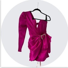 HOUSE OF CB Chiara Black One Shoulder Draped Satin Dress in Fuschia size S NWT