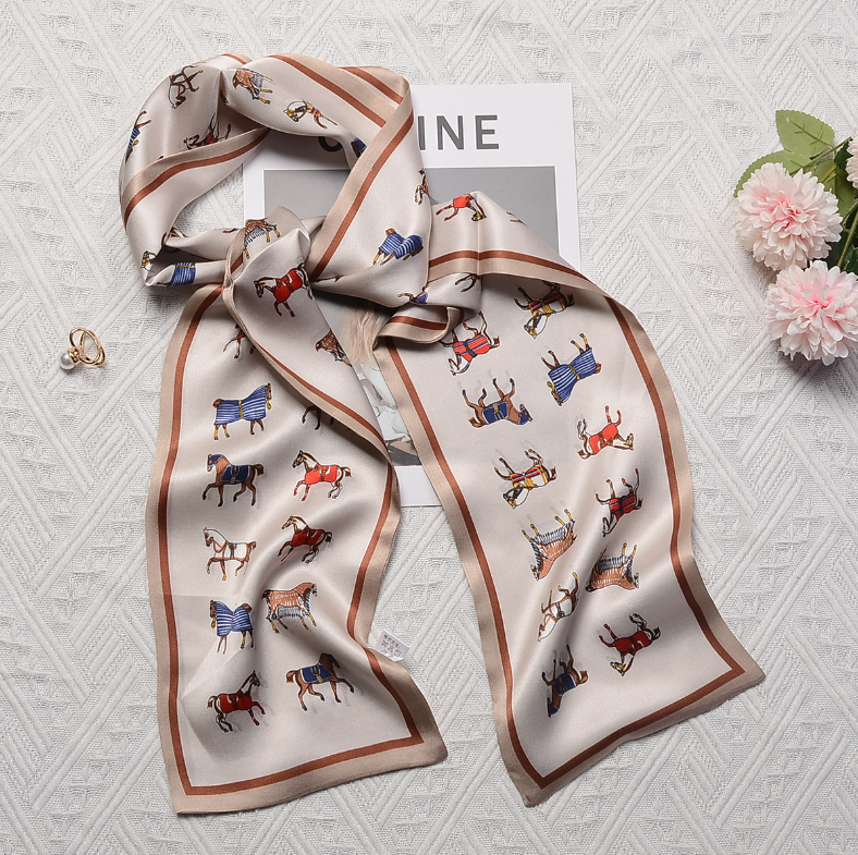 Luxury 100% Silk Double-Layer Horse Print Scarf 150x17cm Boutique Ribbon Design  