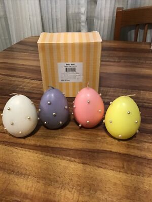 SET OF 2.5'' EASTER EGG CANDLES W/STUD FAUX PEARLS SPRING COLORS W/BOX. READ