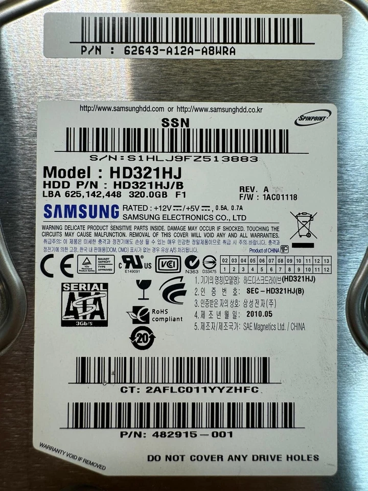 HP 482915-001 HD321HJ HD321HJ/B 320GB 7.2K RPM 8 MB CACHE 3 Gb/s SATA 3.5" HDD - Image 2 of 4