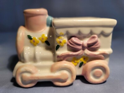 Hand Painted Porcelain Locomotive Planter Newborn Baby Nursery Train