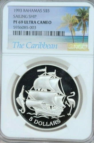 1993 BAHAMAS SILVER 5 DOLLARS SAILING SHIP NGC PF 69 ULTRA CAMEO RARE TOP POP !!