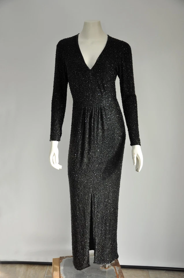 Maxi Vestido de Fiesta Vintage Años 80 MUY Cuentas Negro Recortado Mariposa Lentejuelas S Foto 2 de 4