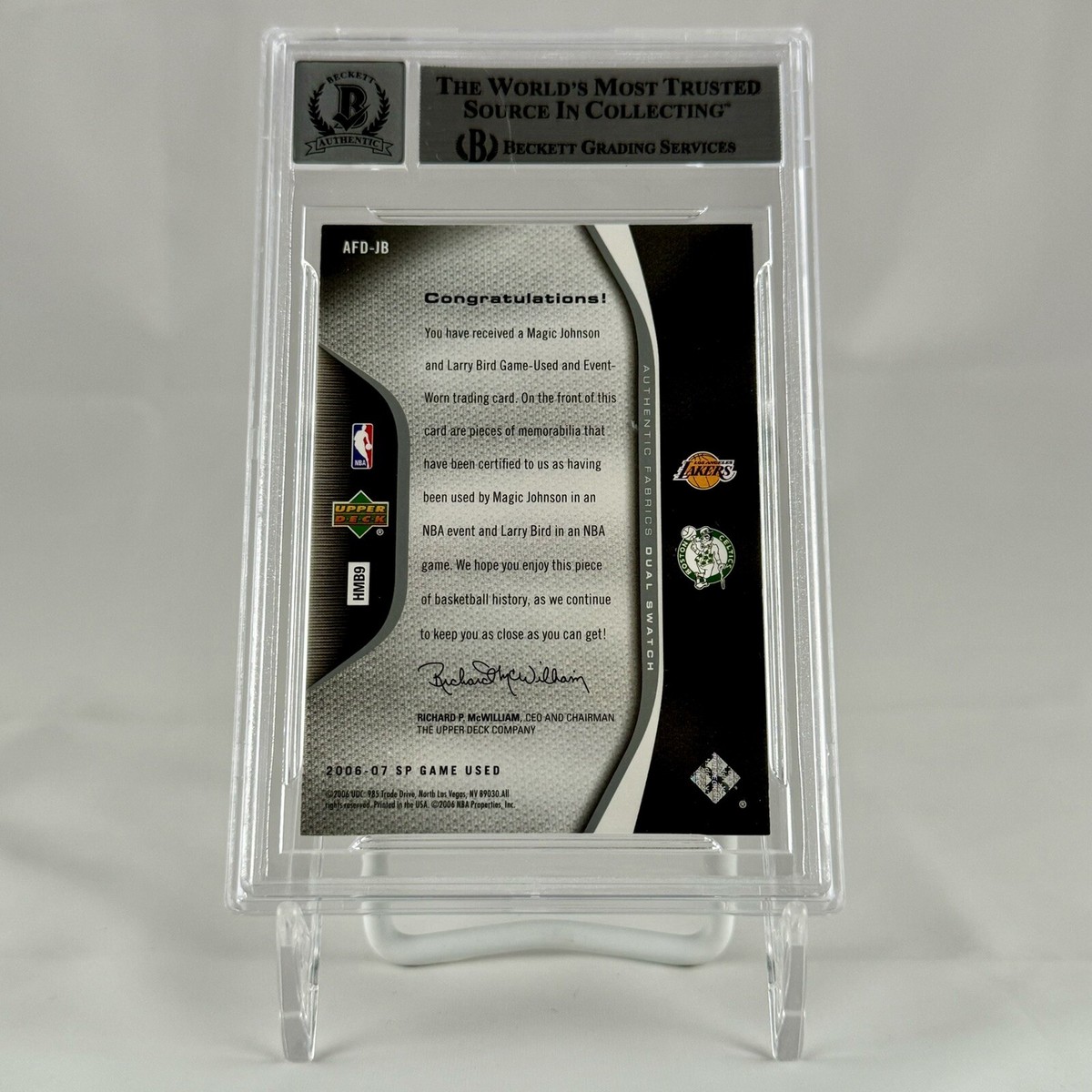 Larry Bird Magic Johnson Signed 2006-07 UD SP Game Used #AFD-JB 