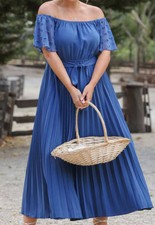Plus Size Off-Shoulder Pleated Dress, Blue