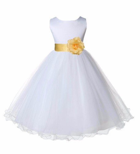 Satin weißer Tüll Blume Mädchen Kleid Hochzeit Festzug Kommunion Empfang Taufe - Bild 32 von 56