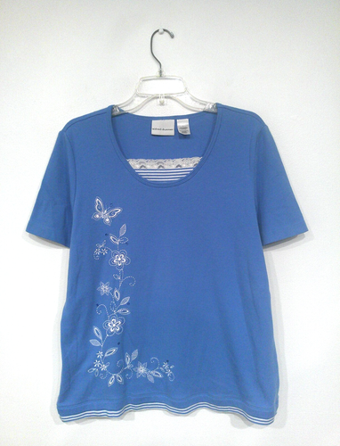 Alfred Dunner Women's Shirt Size Large Embroidered Floral Butterfly Thick Jersey