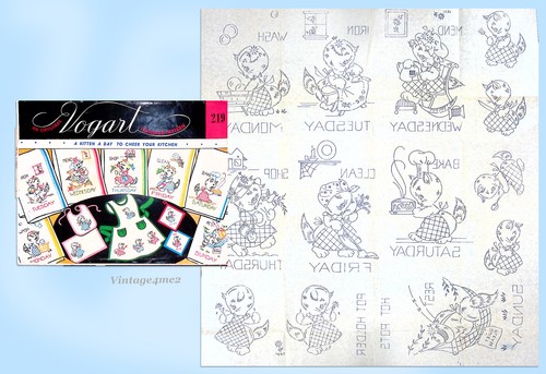 1950s Vintage Vogart Embroidery Transfer 219 Uncut DOW Helpful Kitten Tea Towels - Picture 2 of 6