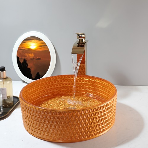15"Orange Round Bathroom Sink Tempered Glass Bowl Waterfall Mixer Deck Mount Tap - Picture 3 of 10