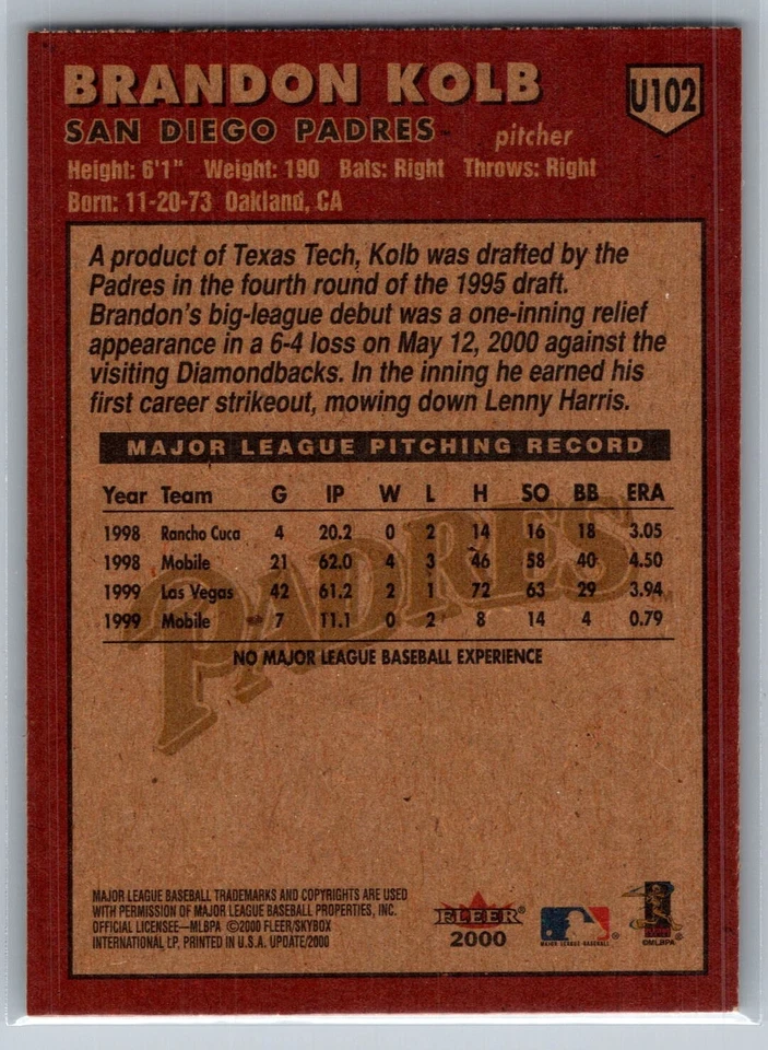 2000 FLEER TRADITION UPDATE BASEBALL U102 BRANDON KOLB PADRES / FREE SHIPPING - Image 2 of 2