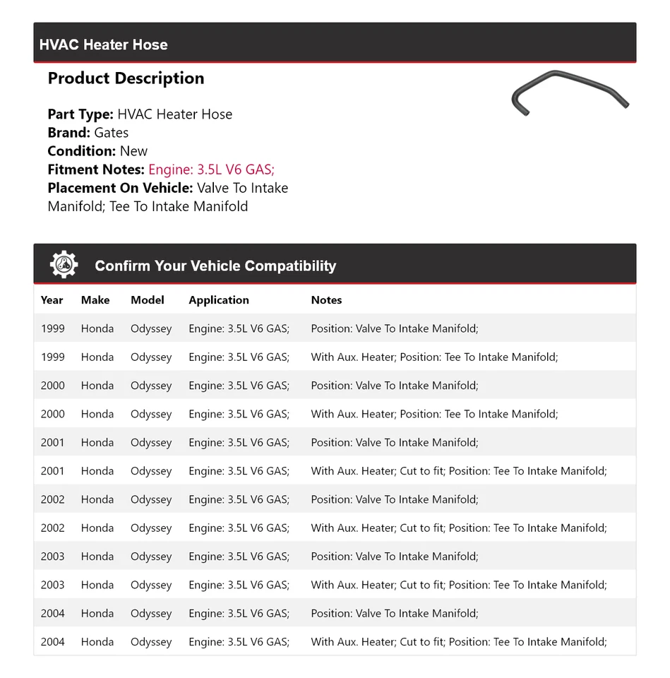 Puertas de manguera de calefacción de gas para Honda Odyssey 1999-2004 3,5 L V6 2000 2001 2002 Foto 2 de 4