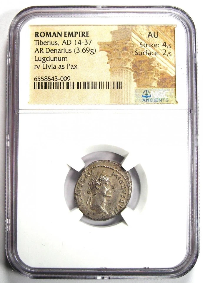 Tiberius AR Denarius Silver Tribute Penny Roman Coin 14-37 AD - Certified NGC AU - Image 2 of 4