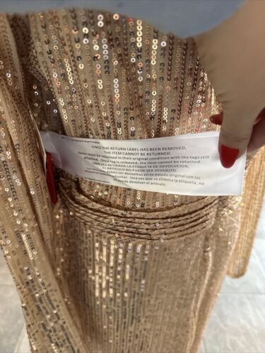 Abito midi Mac Duggal donna oro rosa paillettes manica lunga scollo a V tubino finto avvolgente - Foto 9 di 11