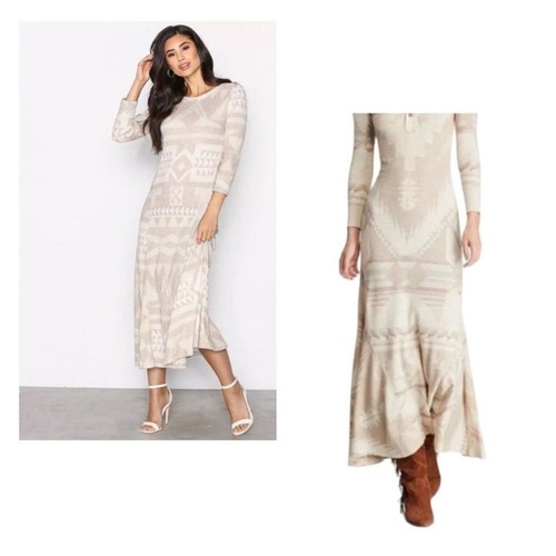 NUOVO Polo Ralph Lauren Southwestern Aztec beige termico midi maxi abito  - Foto 1 di 10
