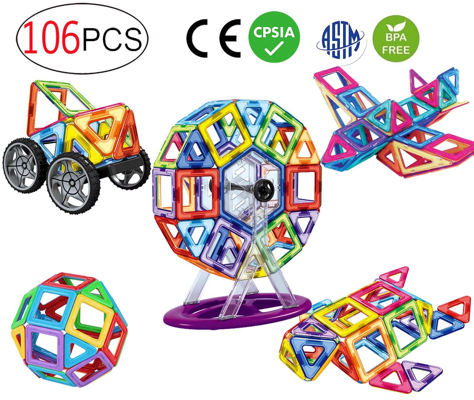 106 PCS Magnetic Tiles Set, STEM Building Block Preschool Educational Constructi