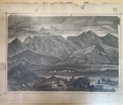Antique OOAK Charcoal Drawing Northern Africa Unsuspecting Camel Caravan