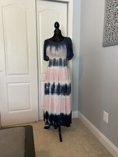 Smocked waist Tie dye navy white pink summer/maxi dress LARGE
