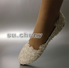 su.cheny White ivory pearls lace flat ballet Wedding Bridal shoes size 5-13
