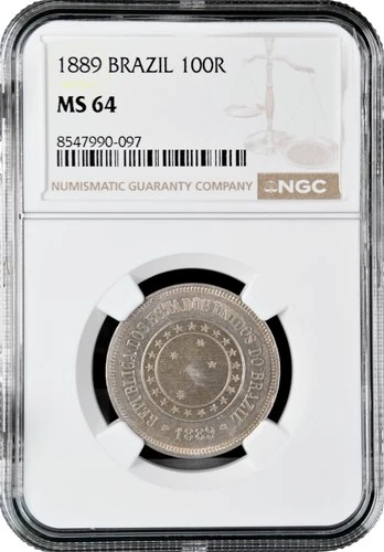 Brazil 100 reis 1889, NGC MS64, "First Republic (1889 - 1942)"