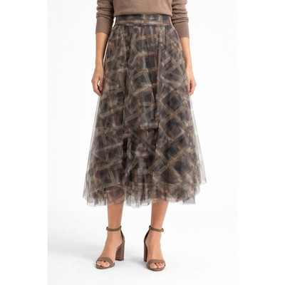 Women's Brunello Cucinelli Tulle Skirt Plaid Caribou Sz 2 XS Luxury Italy Midi