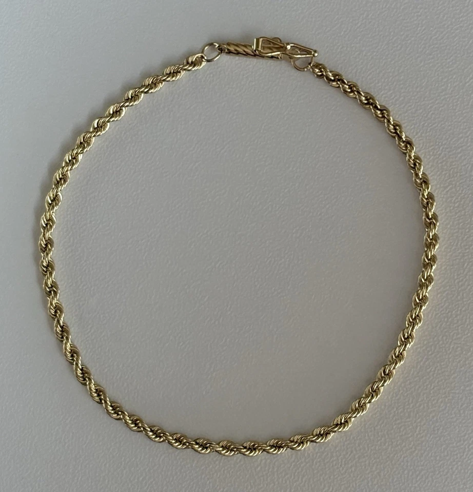 Браслет женский из желтого золота 14 карат 2 мм 7,25 дюйма веревочная цепочка винтажная застежка-бочонок 1,60 г - Изображение 4 из 4