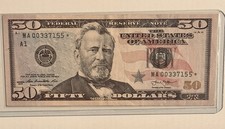 2013 Low serial number MA00337155 star note 50 dollar bill USA 🇺🇸 Good Cond.
