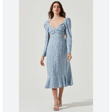 NWT ASTR Blue Satin Floral Puff Sleeve Tie Open Back Cottagecore Midi Dress