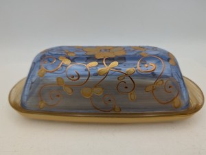 Handmade Colorful Painted Glass Butter Dish + Lid Gold and Blue w/Gold Flowers