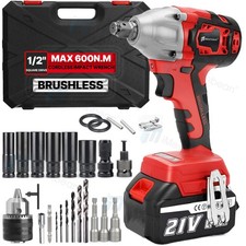 21V Cordless Impact Wrench 1/2" 600Nm High Torque Brushless Drill Battery Socket