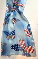 Red White Blue Stars  Stripes Patriotic Butterfly Flag Scarf 4th Of July w Pin
