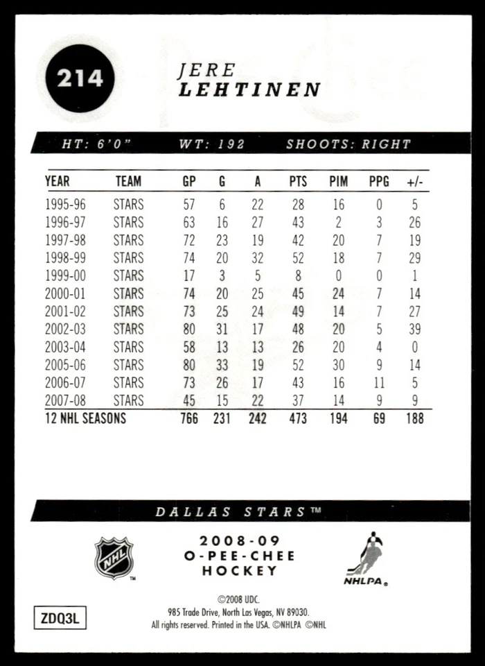 2008-09 O-Pee-Chee Gold Jere Lehtinen Dallas Stars #214 - Image 2 of 2