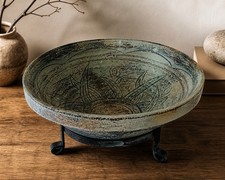 Rustic Carved Decorative Ceramic Bowl W/stand Green Patina 11β Centerpiece