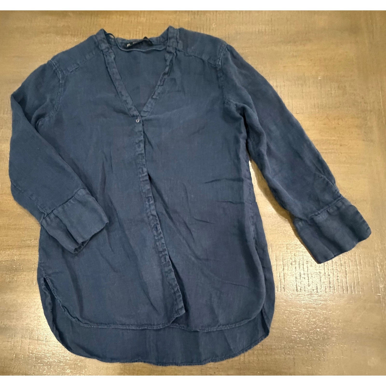 ZARA BASIC Navy Blue V Neck Button Front Long Sle… - image 1