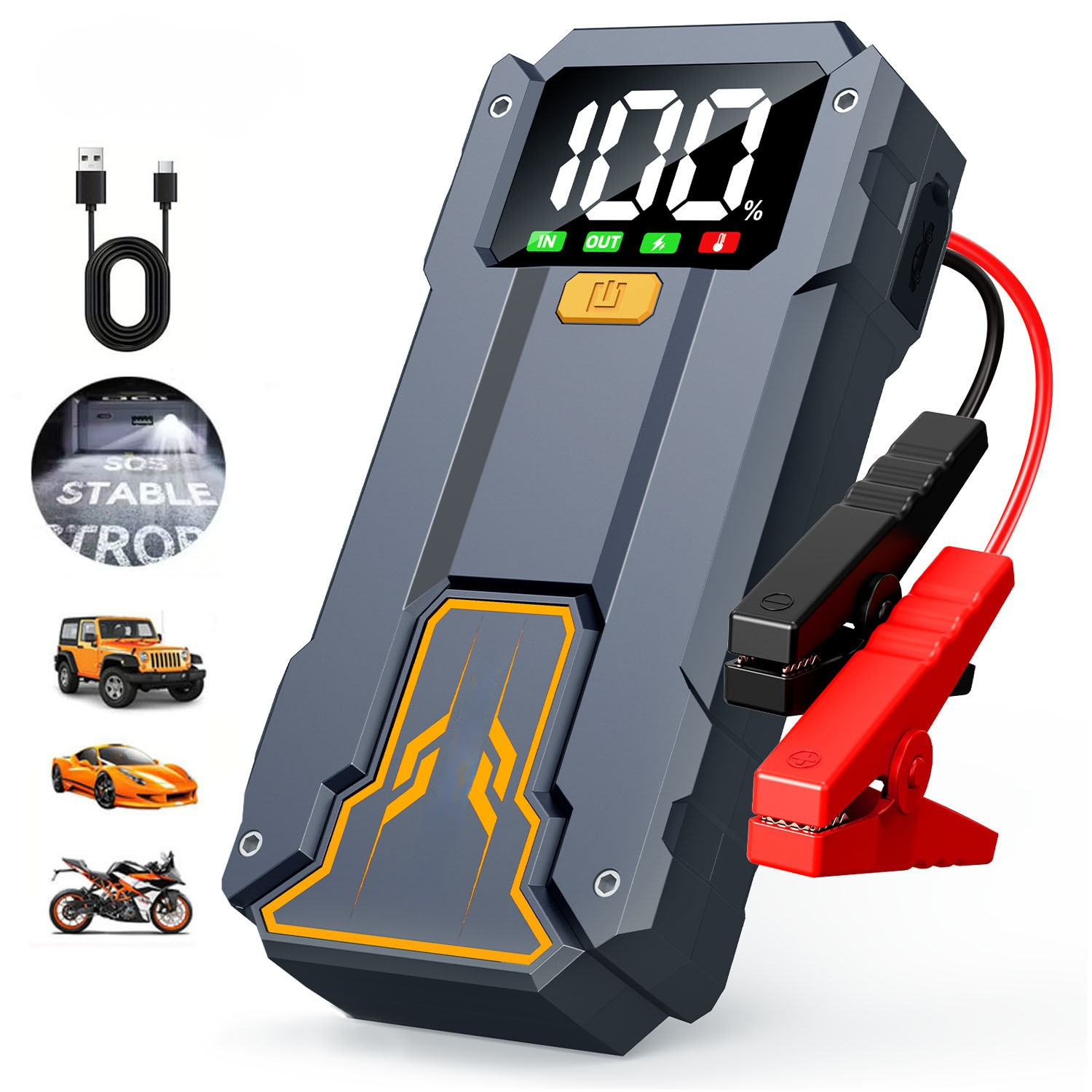 Démarreur de voiture portable 12800mAh noir en ABS robuste