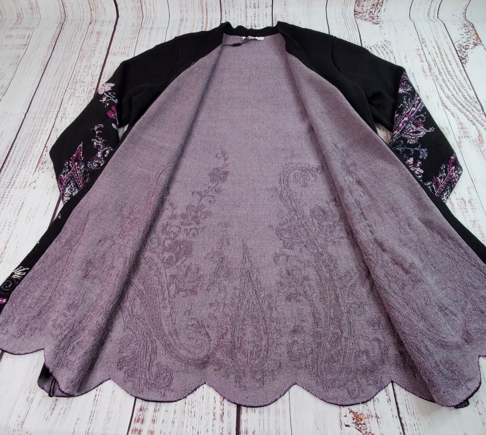 Cárdigan Chicos Jacquard Dobladillo Festoneado Mujer 2 L Negro Estampado Paisley Frente Abierto Foto 2 de 4