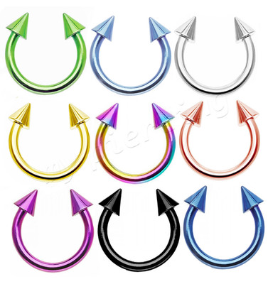 PAIR 14G Anodized Surgical Steel Spike Horseshoe Circular Barbell Ears & Septum