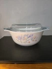 Vintage Pyrex England Blue Iris 1 Qt. Casserole 8' Round  3" Deep With Lid