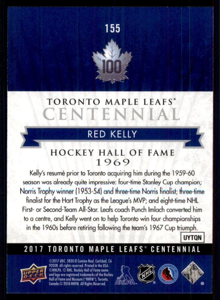 2017-18 UPPER DECK TORONTO MAPLE LEAFS CENTENNIAL HALL OF FAME SP RED KELLY #155 - Image 2 of 2