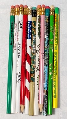 PENCIL LOT OF 11 DIFFERENT THEMED UNIQUE PENCILS ADVERTISING COLLECTOR SCHOOL