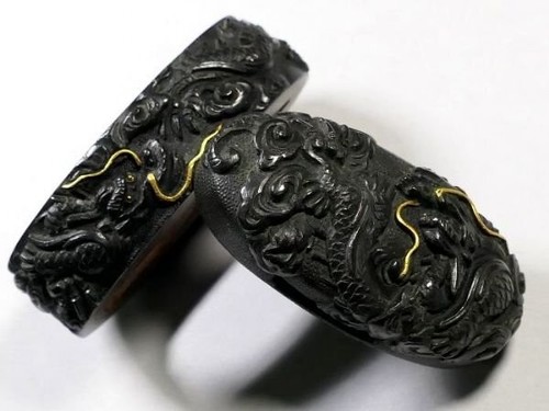Fuchi Kashira Drago Altorilievo Spada Giapponese Attacco Edo Antico Senza Scatola F/S - Foto 2 di 6