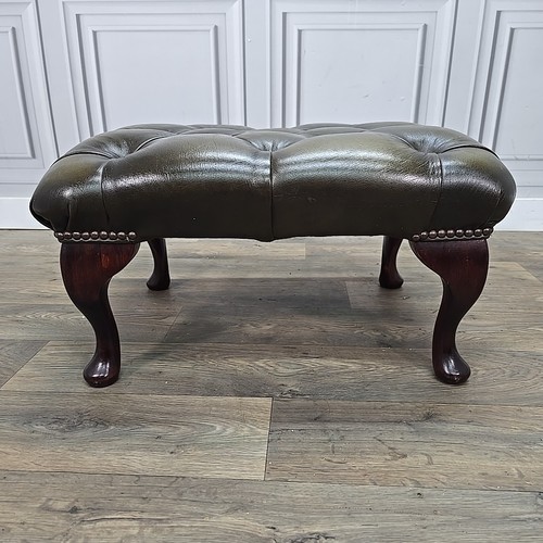 Retro Vintage Green Leather Chesterfield Footstool Queen Anne Legs Antique Style - Picture 4 of 24