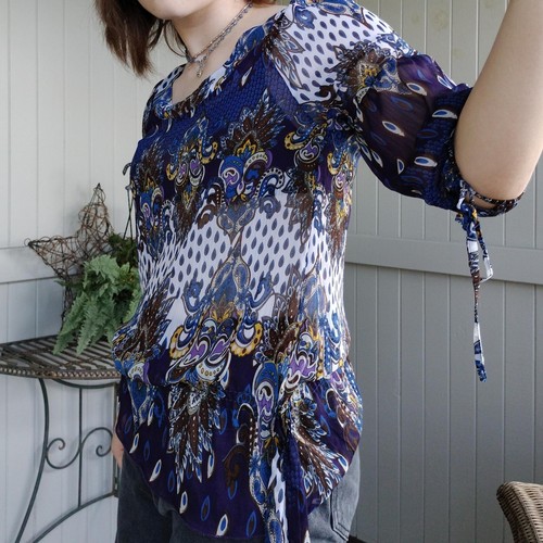 Vintage 90s Y2K 2000s Blouse Purple Blue Paisley Puff Sleeve Grunge Size S 10 - Picture 4 of 10