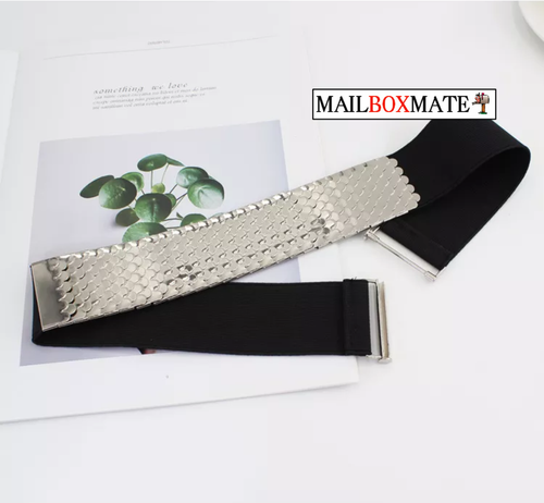 Ladies Womens Metal Fish Scale Elastic Stretch Shiny Waist Band Cummerbund Belt - Picture 4 of 9