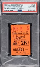 MAURY WILLS STOLEN BASE#100 OF 1962🎟️1ST PLAYER EVER TICKET DODGERS 9/26/62 PSA